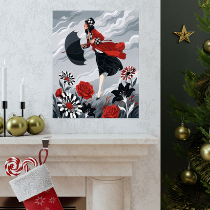 ☂️🌹 The Lady Of The Wild Wind Matte Vertical Poster – Art Deco Stormy Elegance
