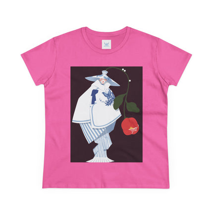 Blue & White Porcelain Geisha Women's Midweight Cotton Tee – Refined Elegance & Timeless Charm