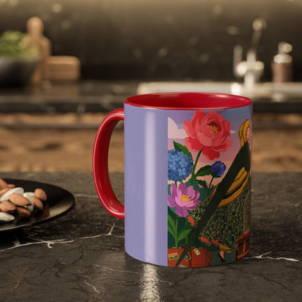The Lady And The Crimson Birdcage Colorful Mugs – Art Deco Tropical Garden Elegance