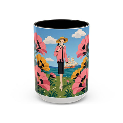 🌸⛵ The Seaside Blossom Promenade Colorful Mug – Art Deco Coastal Elegance