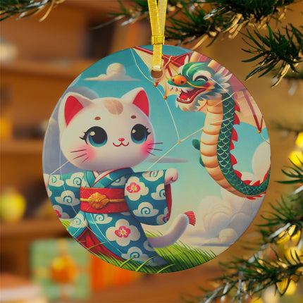 Geisha Kitten and the Dragon Kite Glass Ornament