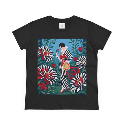 ❤️🌹 The Scarlet Striped Garden Cotton Tee – Art Deco Fashion Illustration