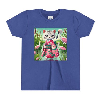 Geisha Kitten Strolls Among the Spoonbills Youth Short Sleeve Tee