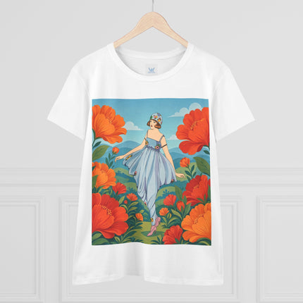 🌺🩵 The Poppy Hill Promenade Cotton Tee – Art Deco Fashion Whimsy