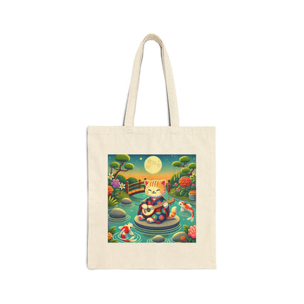Melodic Kitten by the Koi Pond Cotton Canvas Tote Bag