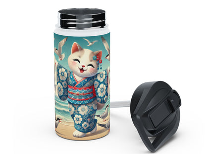 Geisha Kitten by the Seaside Stainless Steel Water Bottle, Standard Lid