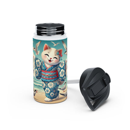 Geisha Kitten by the Seaside Stainless Steel Water Bottle, Standard Lid