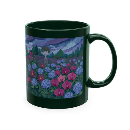 🦚🌸 The Lady & The Peacock On The Garden Steps Ceramic Mug – Art Deco Garden Elegance