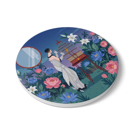 🌸🐦 The Lady Of The Garden Birdcage Ceramic Coaster – Art Deco Floral Elegance