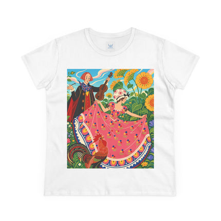 🎻🐓 The Garden Serenade Cotton Tee – Art Deco Folk Whimsy