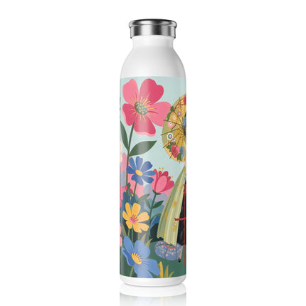 🌸🪞 The Lady Of The Flowered Parasol Slim Water Bottle – Art Deco Floral Whimsy