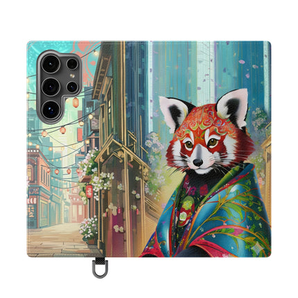 🦝✨ Cybernetic Red Panda Flip Case – Neon Charm & Futuristic Wonder