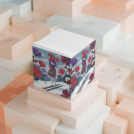 🎿🌺 The Winter Flower Skier Note Cube – Art Deco Alpine Fantasy