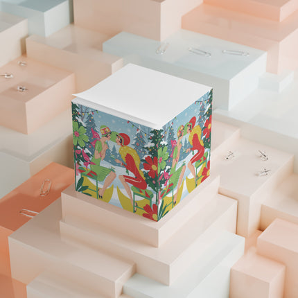 ☕🎄 Christmas Tea In The Snow Garden Note Cube – Art Deco Holiday Friendship