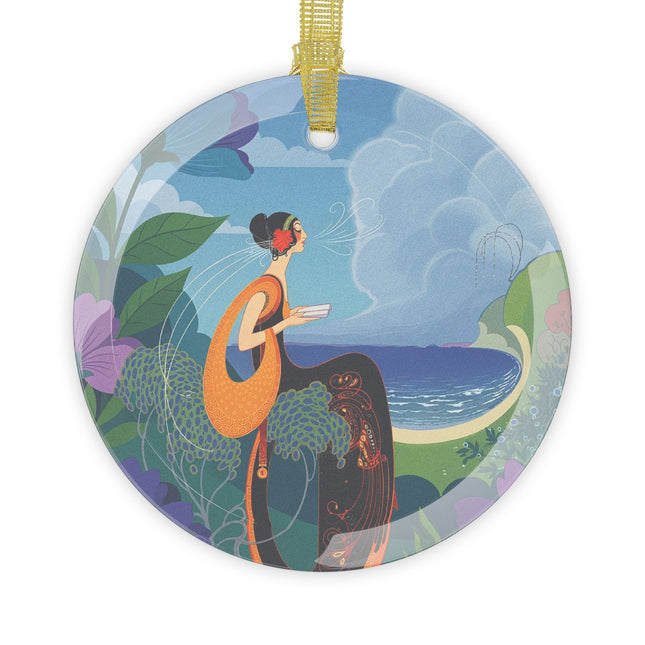 🌊📖 The Lady And The Sea Breeze Glass Ornament – Art Deco Coastal Serenity