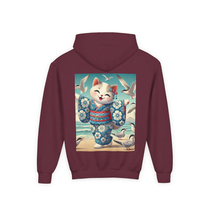Geisha Kitten by the Seaside Youth Hooded Sweatshirt – Coastal Charm & Playful Style