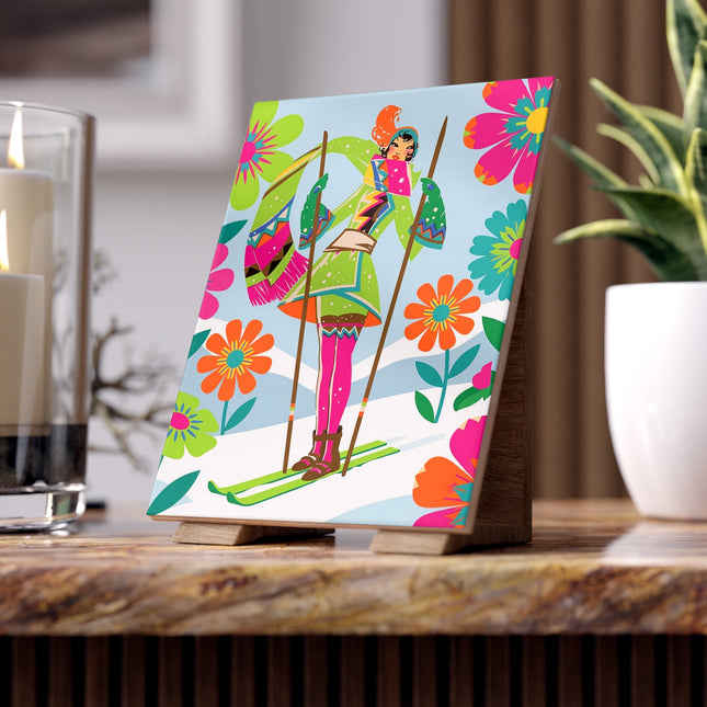 🎿🌸 The Winter Flower Adventurer Ceramic Tile – Colorful Alpine Fantasy