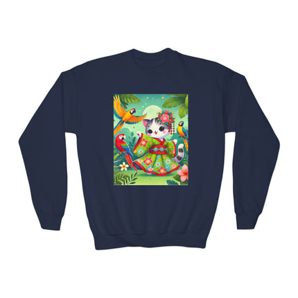 Parrot Dance of the Geisha Kitten Youth Crewneck Sweatshirt – Color, Rhythm & Joyful Expression