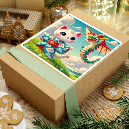Geisha Kitten and the Dragon Kite Kiss-Cut Stickers (4 Sizes)