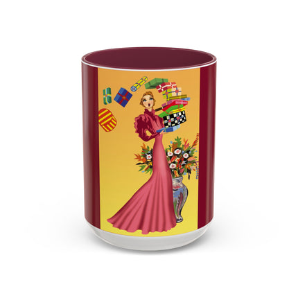 Elegant Holiday Woman with Gifts Colorful Mugs (11oz, 15oz)