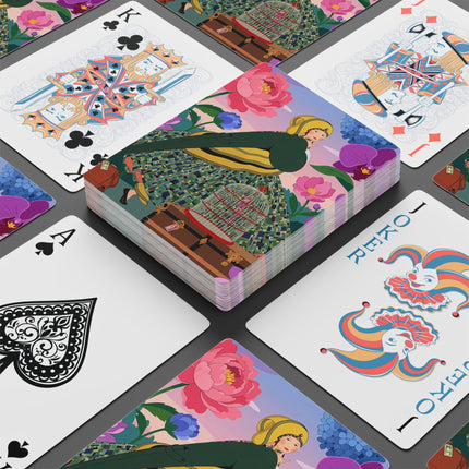 🕊️🌺 The Lady And The Crimson Birdcage Playing Cards – Art Deco Tropical Garden Elegance