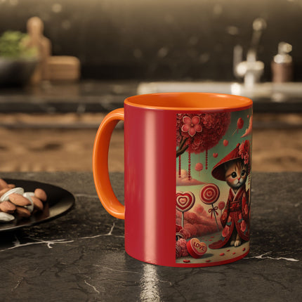 Whimsical Geisha Kitten in a Valentine Garden Colorful Mugs (11oz, 15oz)