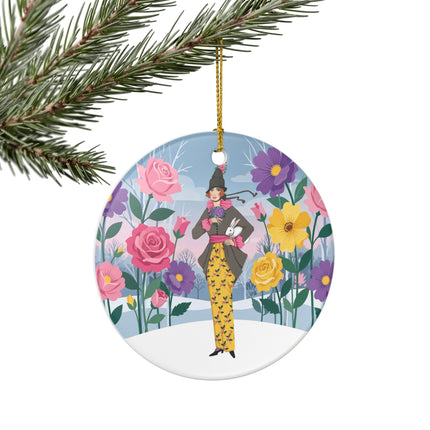 🐇🌸 The Lady With The White Rabbit Ceramic Ornament – Art Deco Floral Whimsy