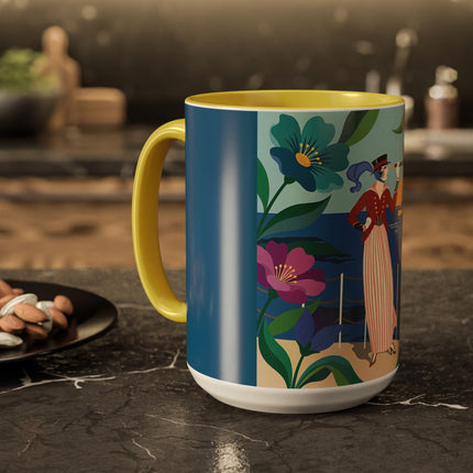 The Lady Of The Golden Horizon Colorful Mugs – Art Deco Coastal Elegance