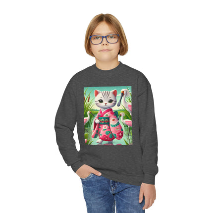 Geisha Kitten Strolls Among the Spoonbills Youth Crewneck Sweatshirt – Grace, Nature & Whimsical Elegance