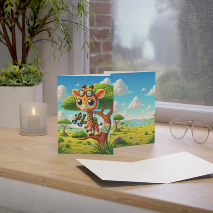 🦒🔭 The Little Giraffe’s Great Safari Greeting Card – Whimsical Animal Adventure