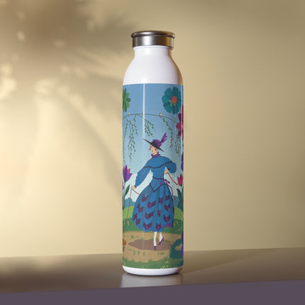🌸🐕 The Lady Of The Flower Walk Slim Water Bottle – Art Deco Garden Promenade
