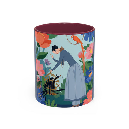 The Lady And The Mysterious Bird Colorful Mugs – Art Deco Botanical Mystery