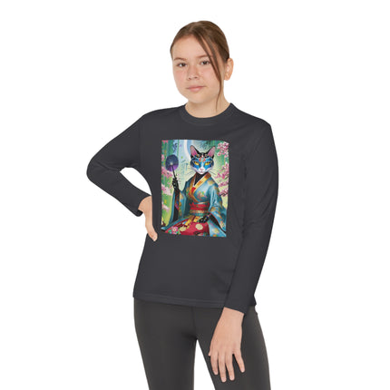 Cyberpunk Geisha Youth Long Sleeve Competitor Tee – Neon Elegance & Futuristic Fantasy