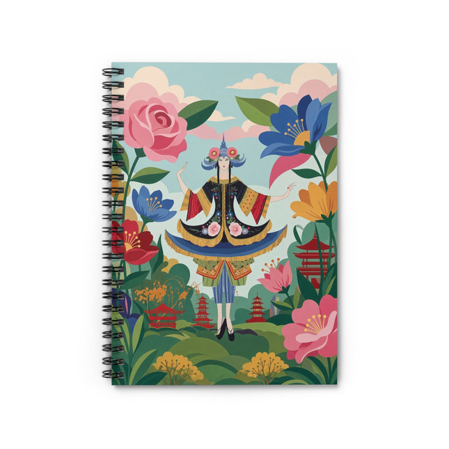 🌸🏯 The Lady Of The Pagoda Garden Spiral Notebook – Art Deco Floral Fantasy