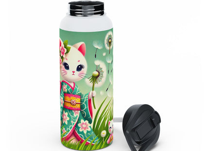 Geisha Kitten and the Dandelion Wish Stainless Steel Water Bottle, Standard Lid