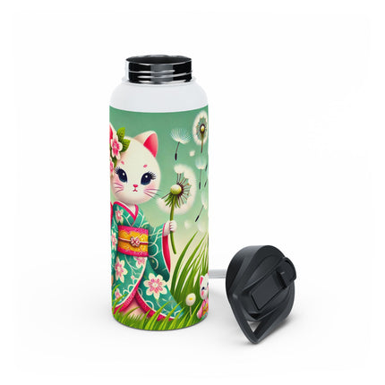 Geisha Kitten and the Dandelion Wish Stainless Steel Water Bottle, Standard Lid