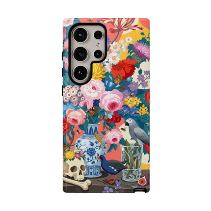 Floral Vanitas Phone Case – Parrot & Porcelain Splendor