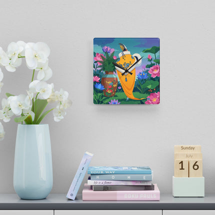 🌺✨ The Lady Of The Golden Lotus Garden Acrylic Wall Clock – Art Deco Floral Fantasy
