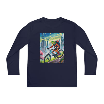 Cyberpunk Frog Youth Long Sleeve Competitor Tee – Neon Trails & Futuristic Adventure