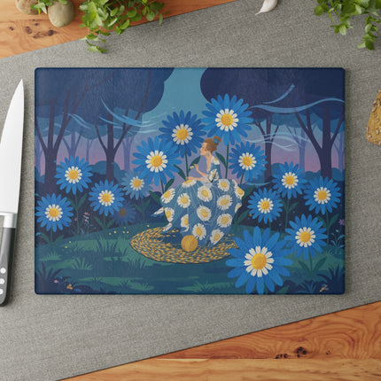 🌼🧶 The Lady Of The Blue Daisy Garden Glass Cutting Board – Art Deco Floral Elegance