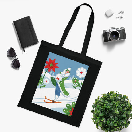 🎿🌺 The Winter Garden Skier Cotton Tote Bag – Colorful Winter Adventure