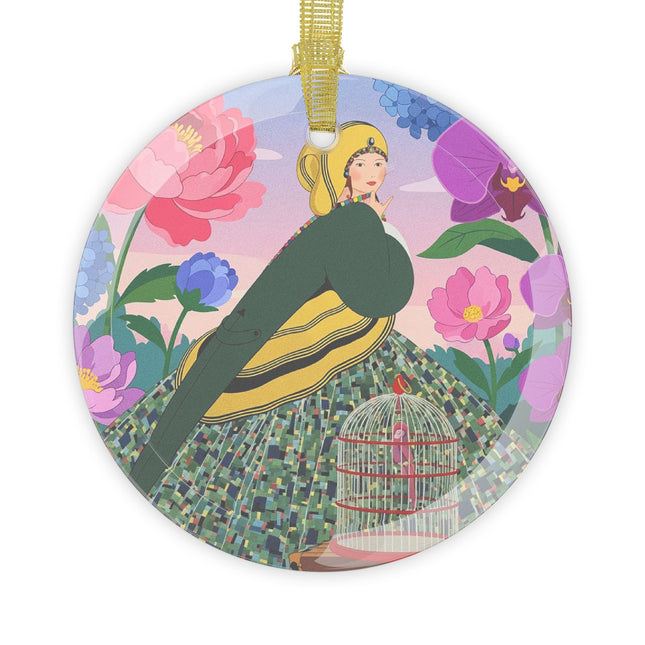 =🕊️🌺 The Lady And The Crimson Birdcage Glass Ornament – Art Deco Tropical Garden Elegance