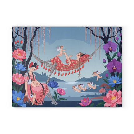 🌸🪽 The Garden Of Little Cupids Glass Cutting Board – Art Deco Floral Fantasy
