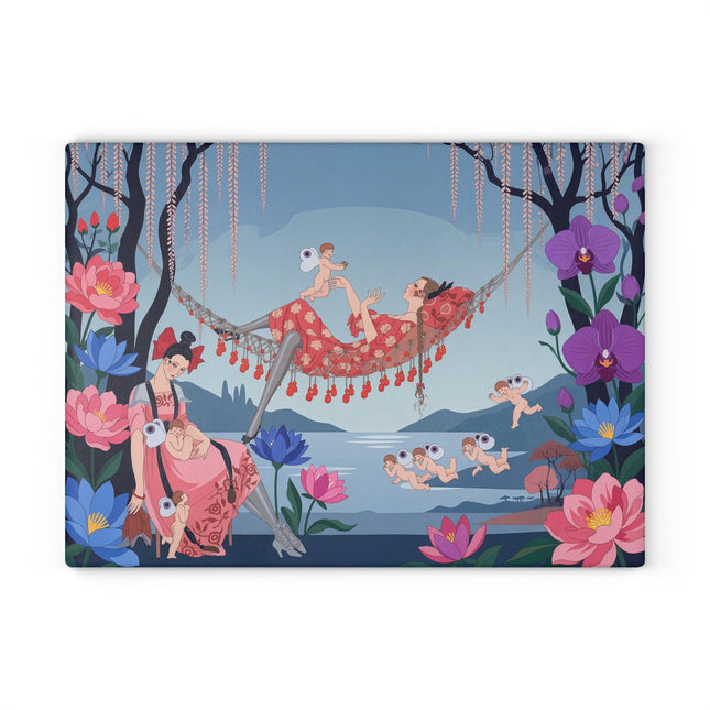 🌸🪽 The Garden Of Little Cupids Glass Cutting Board – Art Deco Floral Fantasy