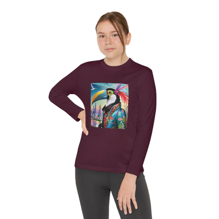 Cyber Toucan Chic Youth Long Sleeve Competitor Tee – Neon Feathers & Futuristic Style
