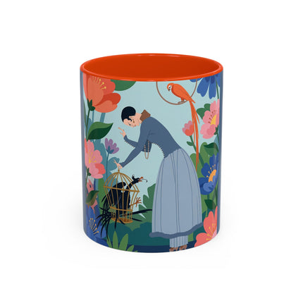 The Lady And The Mysterious Bird Colorful Mugs – Art Deco Botanical Mystery