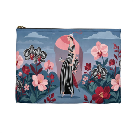 🌸🖤 The Striped Orchid Promenade Accessory Pouch – Art Deco Floral Fashion