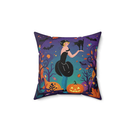 🐈‍⬛🎃 The Midnight Black Cat Masquerade Square Pillow – Whimsical Halloween Elegance