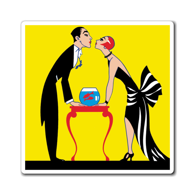 A Moment of Elegance: A Passionate Embrace Amidst Golden Splendor Magnets (3 Sizes)