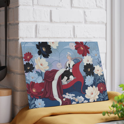 🌺💌 The Lady Of The Scarlet Chaise Glass Cutting Board – Art Deco Floral Fashion Elegance